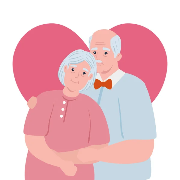 Casal de idosos sorrindo, mulher velha e homem velho com fundo de coração —  Vetores de Stock