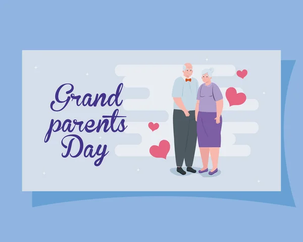Gelukkig grootouders dag met schattig ouder paar en harten decoratie — Stockvector