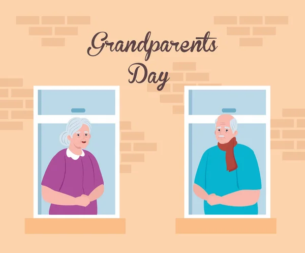 Gelukkig grootouders dag met schattig ouder paar kijken door het raam — Stockvector