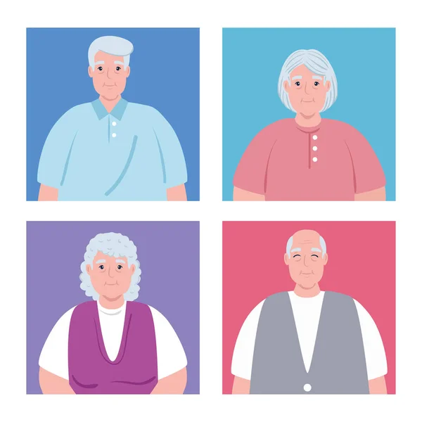 Sevimli yaşlı insanlar, büyükanneler ve büyükbabalar grubu. — Stok Vektör