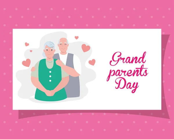 Happy grand parents day with cute older couple and hearts decoration — Stock Vector