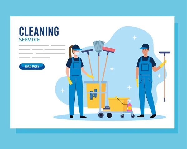 Usługi sprzątania baner, para pracowników z wózkiem czyszczącym z ikonami sprzętu — Wektor stockowy