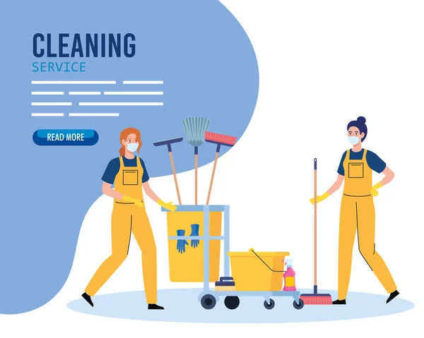 Pancarta de servicio de limpieza, las mujeres trabajadoras de servicio de limpieza con máscara médica, con carro de limpieza y equipos — Vector de stock