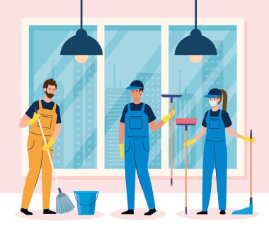 Temizlik işçileri evde tıbbi maske takıyor.