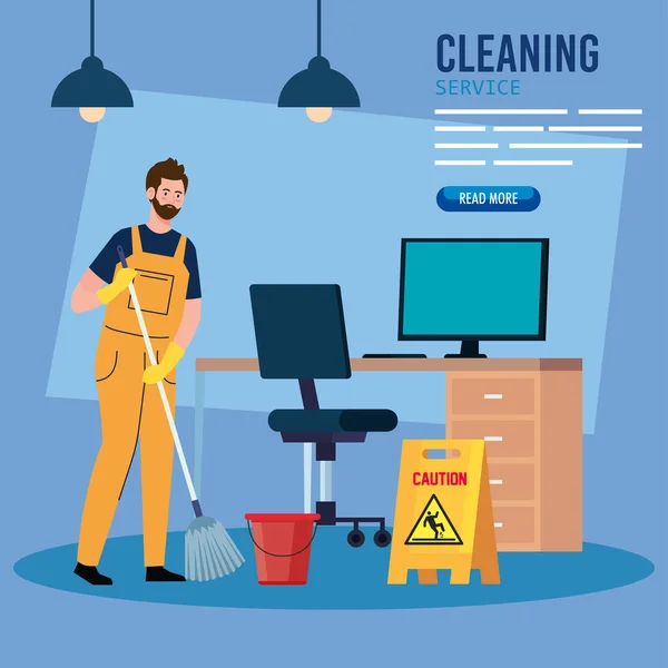 Cleaning service banner, man worker of cleaning service in the office — Stock Vector