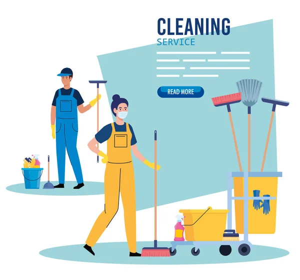 Cleaning service banner, couple workers with cleaning trolley with equipment icons — Stock Vector