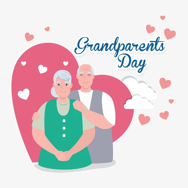 Felice giorno dei nonni con carino coppia anziana e decorazione cuori — Vettoriale Stock