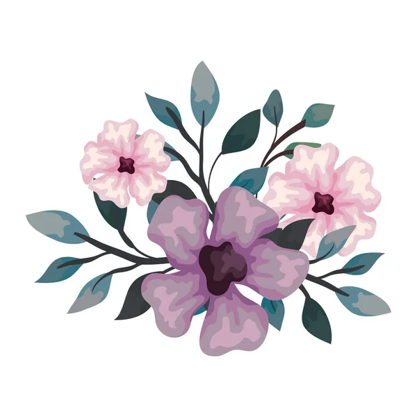 Цветы розового и сиреневого цвета с ветвями и листьями, на белом фоне — стоковый вектор