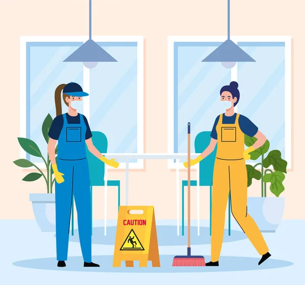 Sprzątanie, pracownice sprzątające noszenie masek medycznych w restauracji — Wektor stockowy