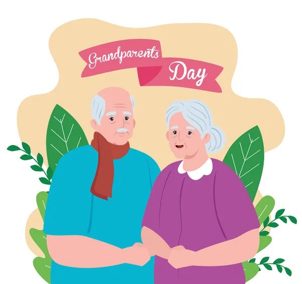 Happy grand parents day with cute older couple and leaves decoration — Stock Vector