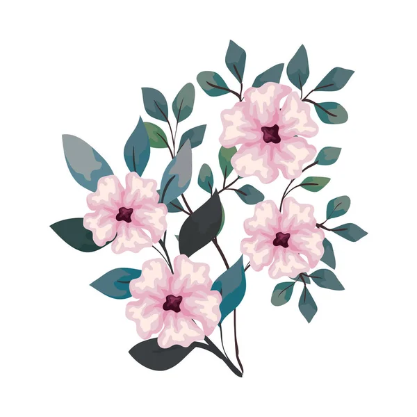 白を背景に枝や葉がピンク色の花を咲かせ — ストックベクタ