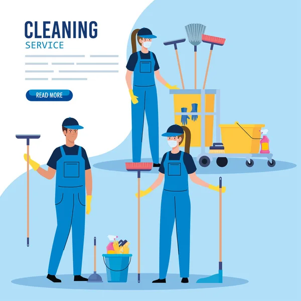 Servicio de limpieza, grupo de trabajadores de servicio de limpieza con equipos — Vector de stock