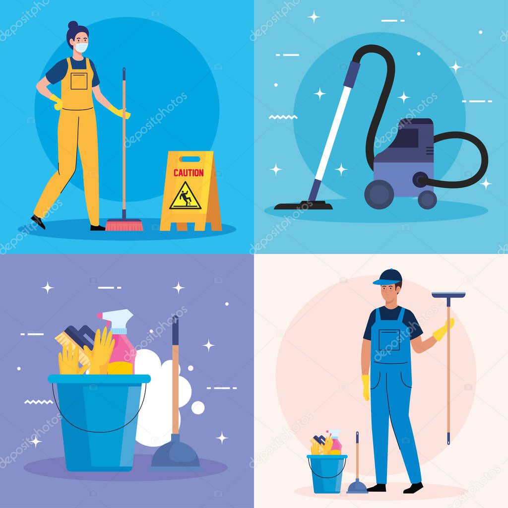 set scenes of cleaning service, workers of cleaning service with equipments