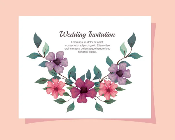 Kartka okolicznościowa z kwiatami w kolorze różowym, fioletowym i liliowym, zaproszenie na ślub z kwiatami z gałązkami i liśćmi — Wektor stockowy
