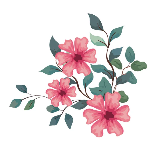 白を背景に枝や葉がピンク色の花を咲かせ — ストックベクタ