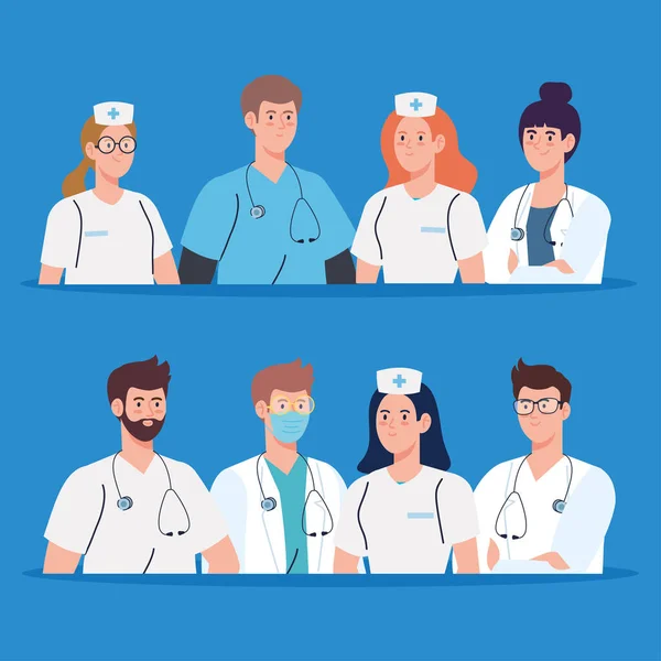 Medisch team en personeel, verpleegkundigen en artsen — Stockvector