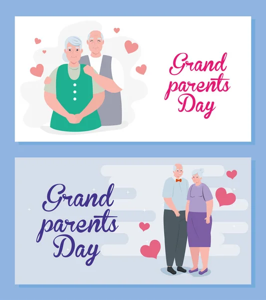 Karten für den glücklichen Großelterntag mit niedlichen alten Menschen — Stockvektor