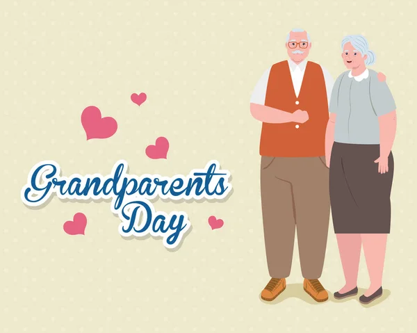 Heureux grand-parents jour avec mignon couple plus âgé et décoration des cœurs — Image vectorielle