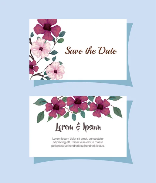 greeting cards with flowers purple and pink color, wedding invitations with flowers with branches and leaves decoration