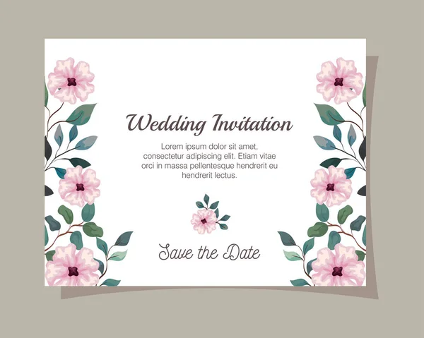 Ευχετήρια κάρτα με λουλούδια ροζ χρώμα, πρόσκληση γάμου με λουλούδια ροζ χρώμα με κλαδιά και φύλλα διακόσμησης — Διανυσματικό Αρχείο