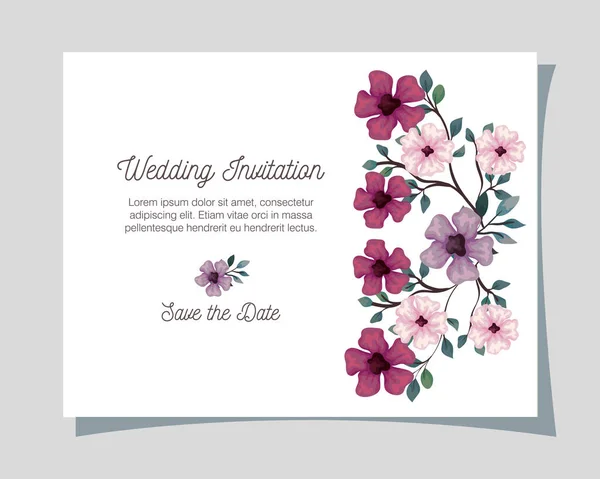 Greeting card with flowers lilac, pink and purple color, wedding invitation with flowers with branches and leaves decoration — Stock Vector