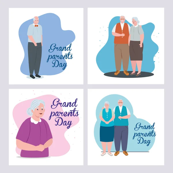 Set kaarten van gelukkige grootouders dag met leuke oude mensen — Stockvector