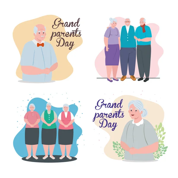 Set kaarten van gelukkige grootouders dag met leuke oude mensen — Stockvector