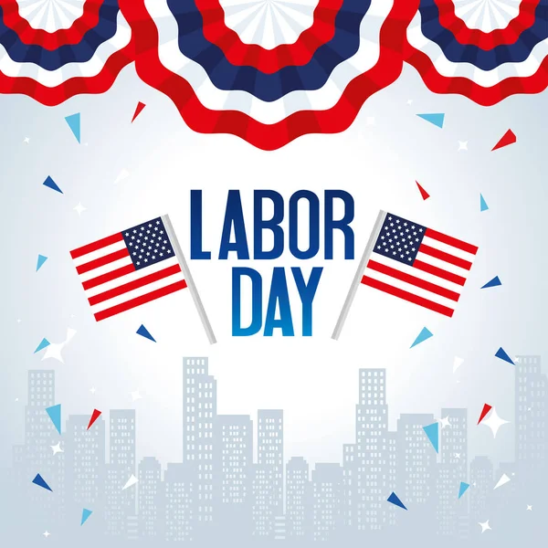 happy labor day holiday banner with flag usa and cityscape