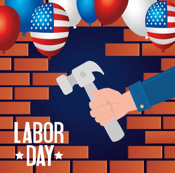 happy labor day holiday banner and hand with hammer tool