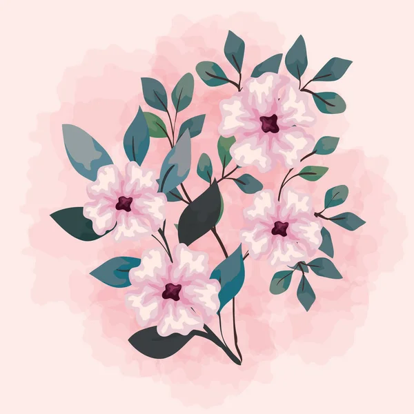 Flowers pink color with branches and leaves, nature decoration — Stock Vector