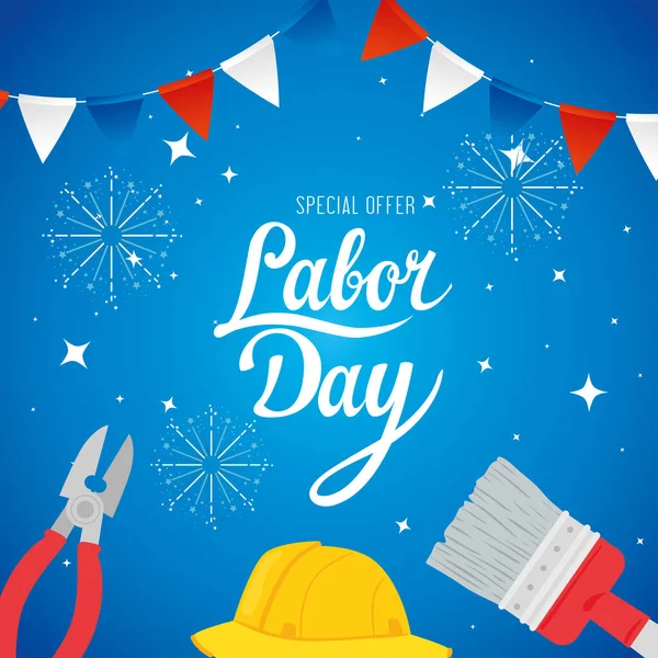 happy labor day holiday banner with safety helmet and tools construction