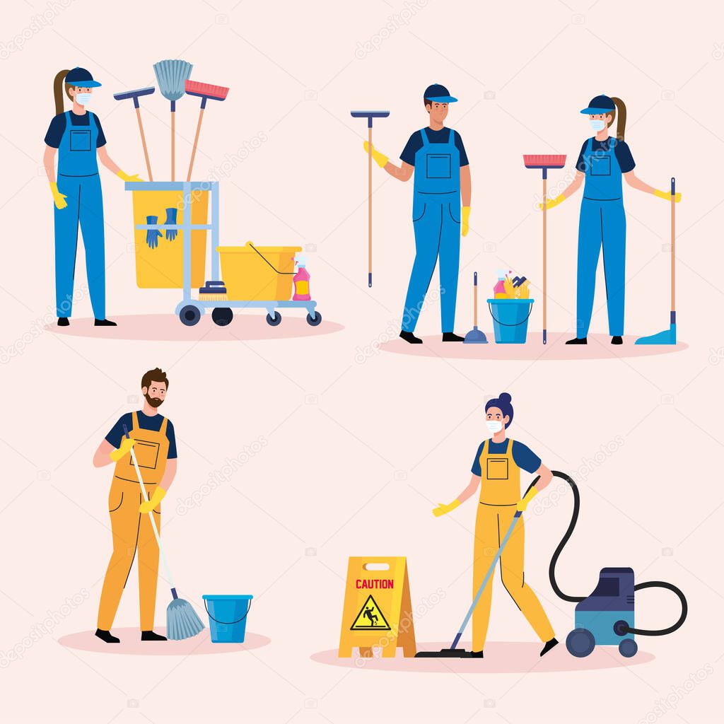 set scenes of cleaning service, workers of cleaning service with equipments