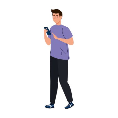 Genç adam beyaz arkaplanda akıllı telefon aygıtı kullanıyor