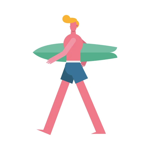 Joven con traje de baño caminando con carácter de tabla de surf — Vector de stock