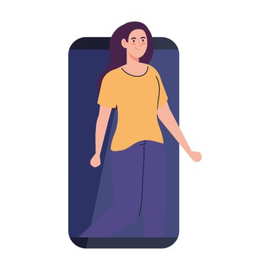 Beyaz arka planda akıllı telefon cihazlı genç bir kadın.