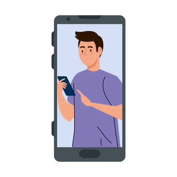 Hombre joven en el dispositivo del teléfono inteligente, sobre fondo blanco — Vector de stock