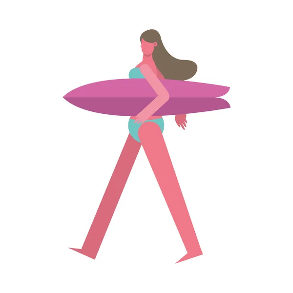 Mujer joven con traje de baño caminando con carácter de tabla de surf — Vector de stock