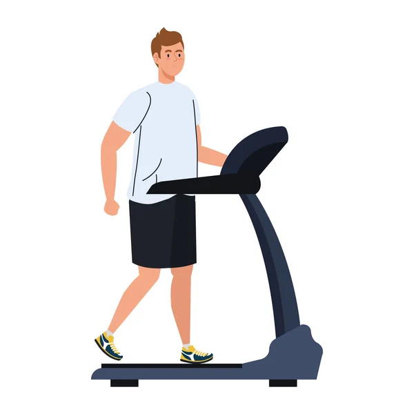 Muž běží na běžícím pásu, ektrický tréninkový stroj na bílém pozadí — Stockový vektor