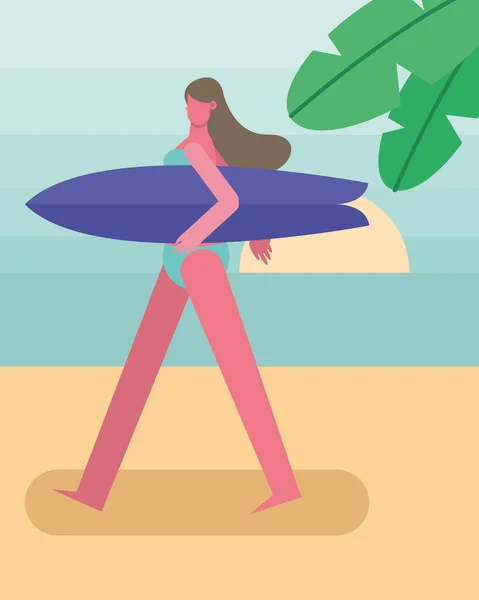 Mujer joven con traje de baño caminando con carácter de tabla de surf — Vector de stock