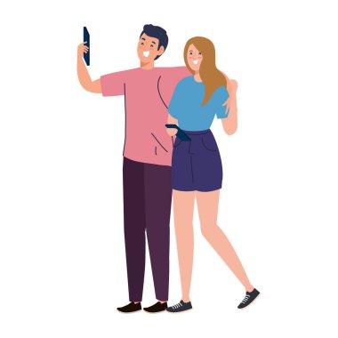 Mutlu çift beyaz arka planda selfie çeker.