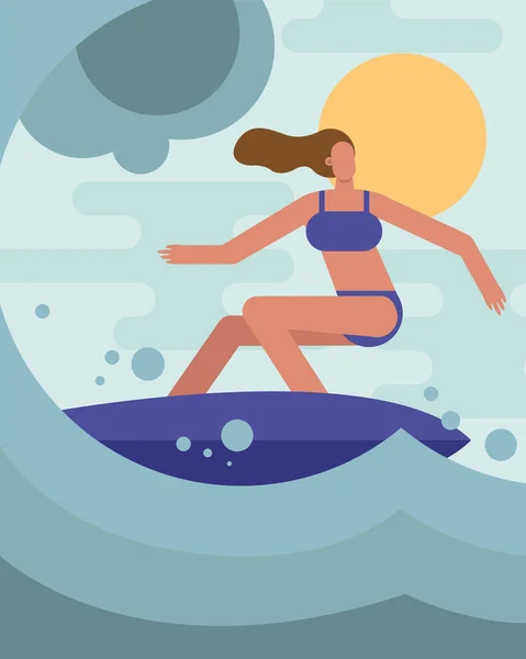 Молодая женщина в купальнике серфинг характер — стоковый вектор
