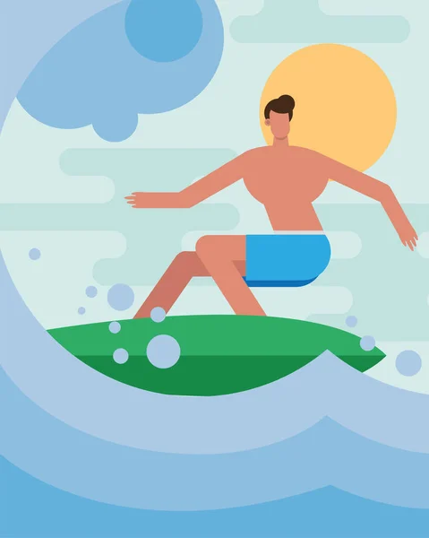 Jeune homme en maillot de bain surfant personnage — Image vectorielle