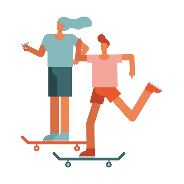 Pareja joven en skateboards deportes personajes — Archivo Imágenes Vectoriales