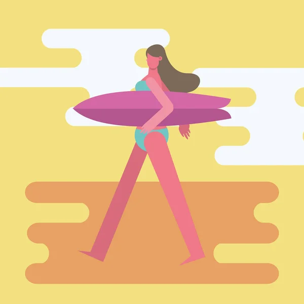 Молодая женщина в купальнике ходит с характером доски для серфинга — стоковый вектор