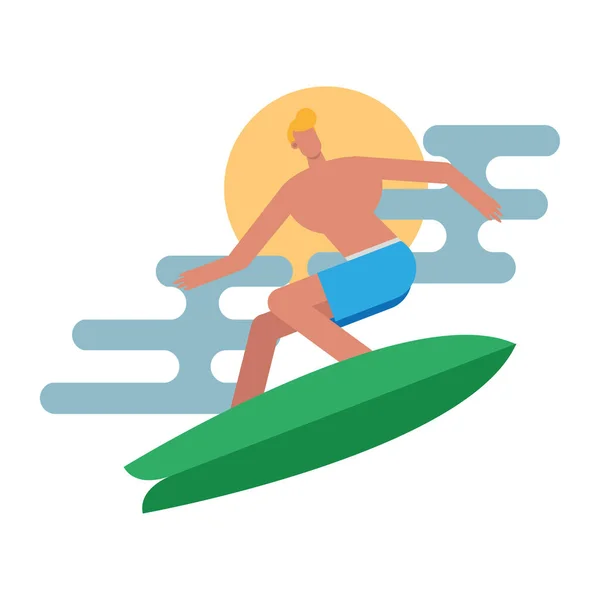 Joven con traje de baño de surf carácter — Vector de stock