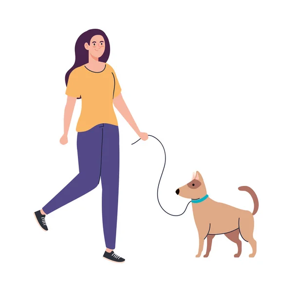 Jonge vrouw op een wandeling met een hond op witte achtergrond — Stockvector