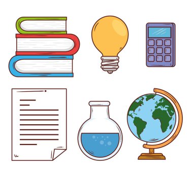 Eğitim konsepti, okul simgeleriyle dolu kitap yığını