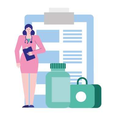 Kontrol listesi ve uyuşturucu avatar karakteri olan profesyonel kadın doktor.