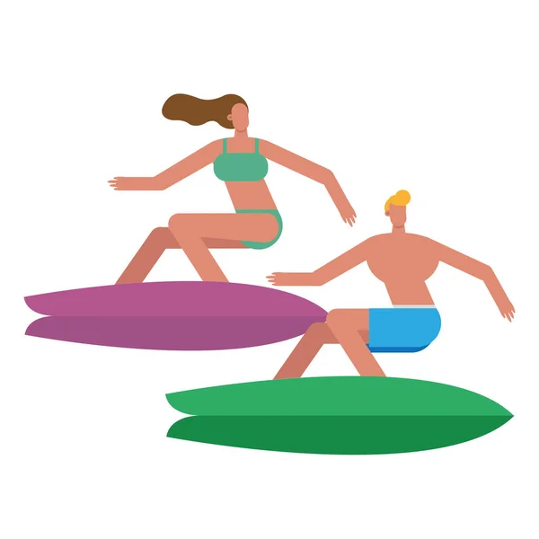 Young couple wearing swimsuits surfing characters — Stock Vector