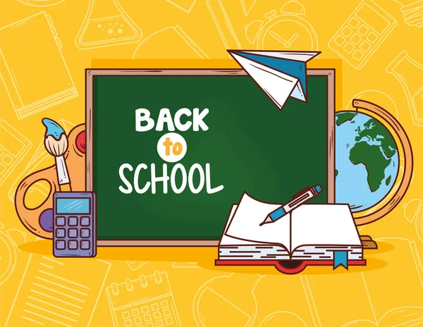 Vissza az iskolába banner táblával és kellékek oktatás — Stock Vector